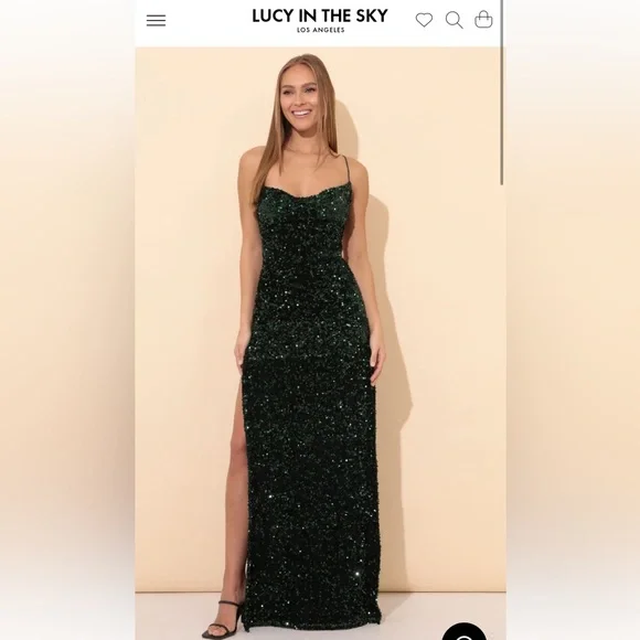lucy in the sky green sequin dress Green Crepe A Line Gown With Beaded 3/4 Sleeves main image 0